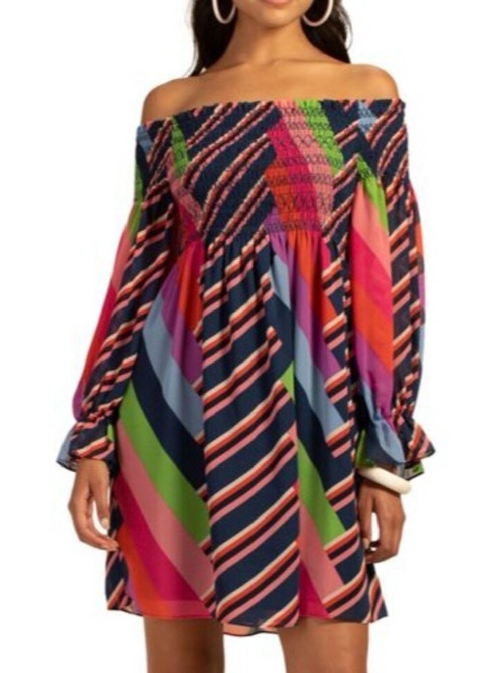 Trina Turk Multicolor Off Shoulder Smocked Mini Dress Size M